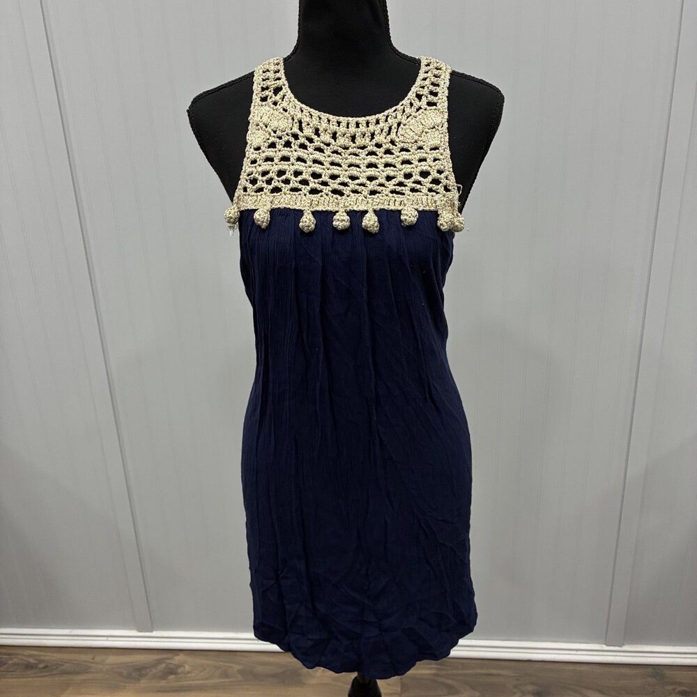 Lilly Pulitzer XS Dress Navy Blue Gold Crochet Lace Trim Pom Pom Mini Sleeveless